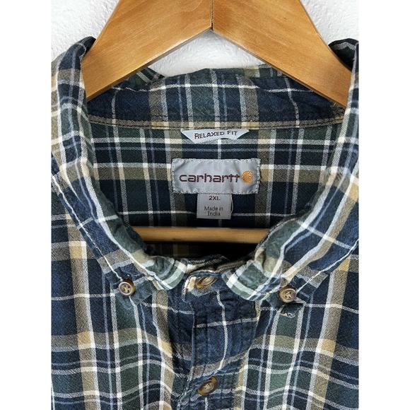 Carhartt 2XL Blue Green Brown Plaid Cotton Long Sleeve Button Down Shirt - Picture 5 of 7